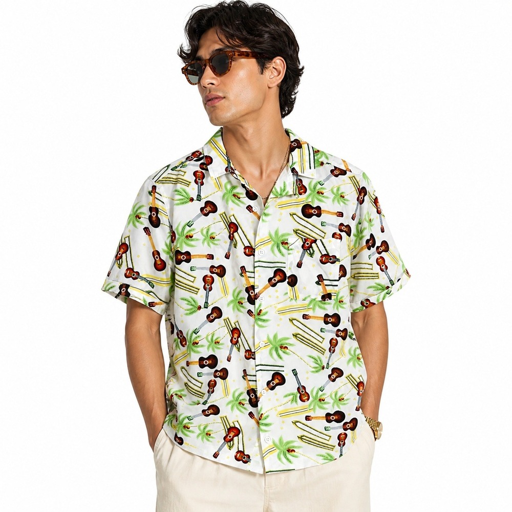 One Resolution Clothing Button Down Shirt White Guitar Surfboard Retro Size S